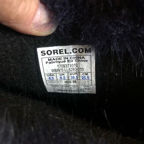 Sorel Black Lace Up Boots with Blue Fur Trim - Picture 13 of 13